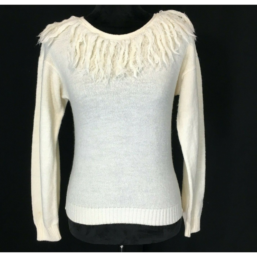 VTG Green Lantern Sweater SMALL Ivory Cream Fringe Wool‎ Long Sl Sebo Unique